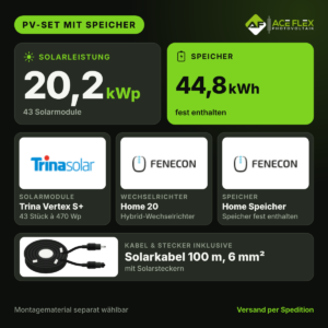 20,2 kWp PV-Set mit Speicher – 43x Trina Vertex S+ 470 Wp + Fenecon Home 20 kW mit 44,8 kWh Speicher
