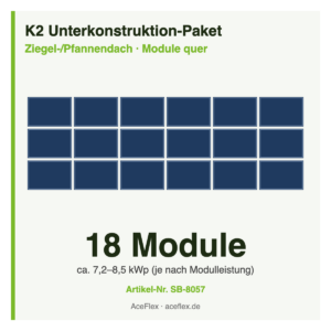 K2 Unterkonstruktion-Paket für Ziegeldach mit 18 Modulen quer – Schema